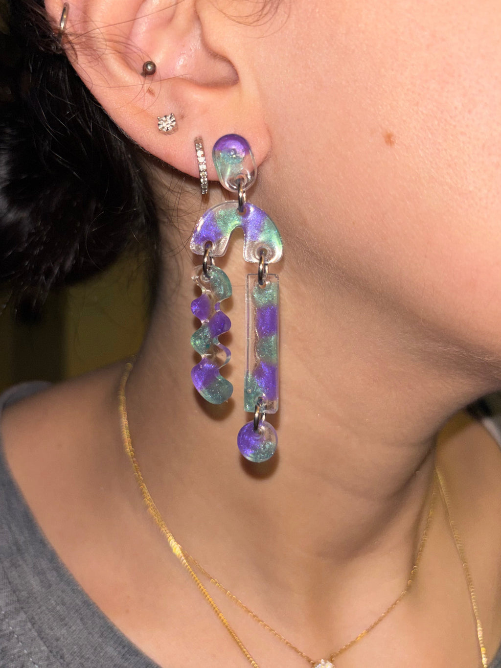 Teal & Purple Asymmetrical Stack - Earrings
