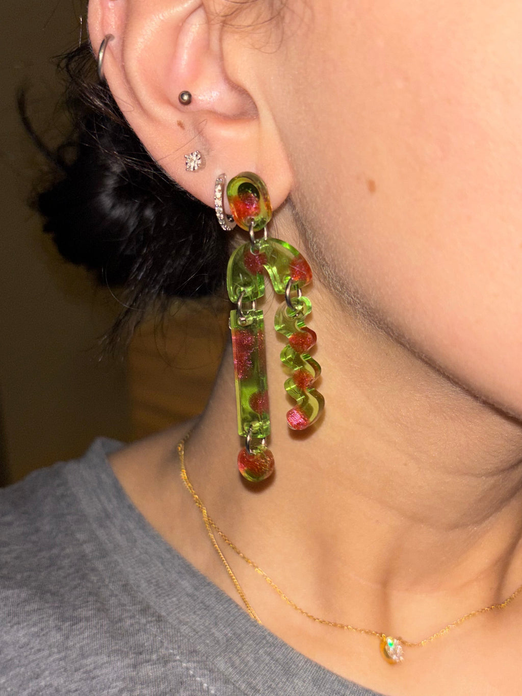Kiwi & Red Asymmetrical Stack - Earrings