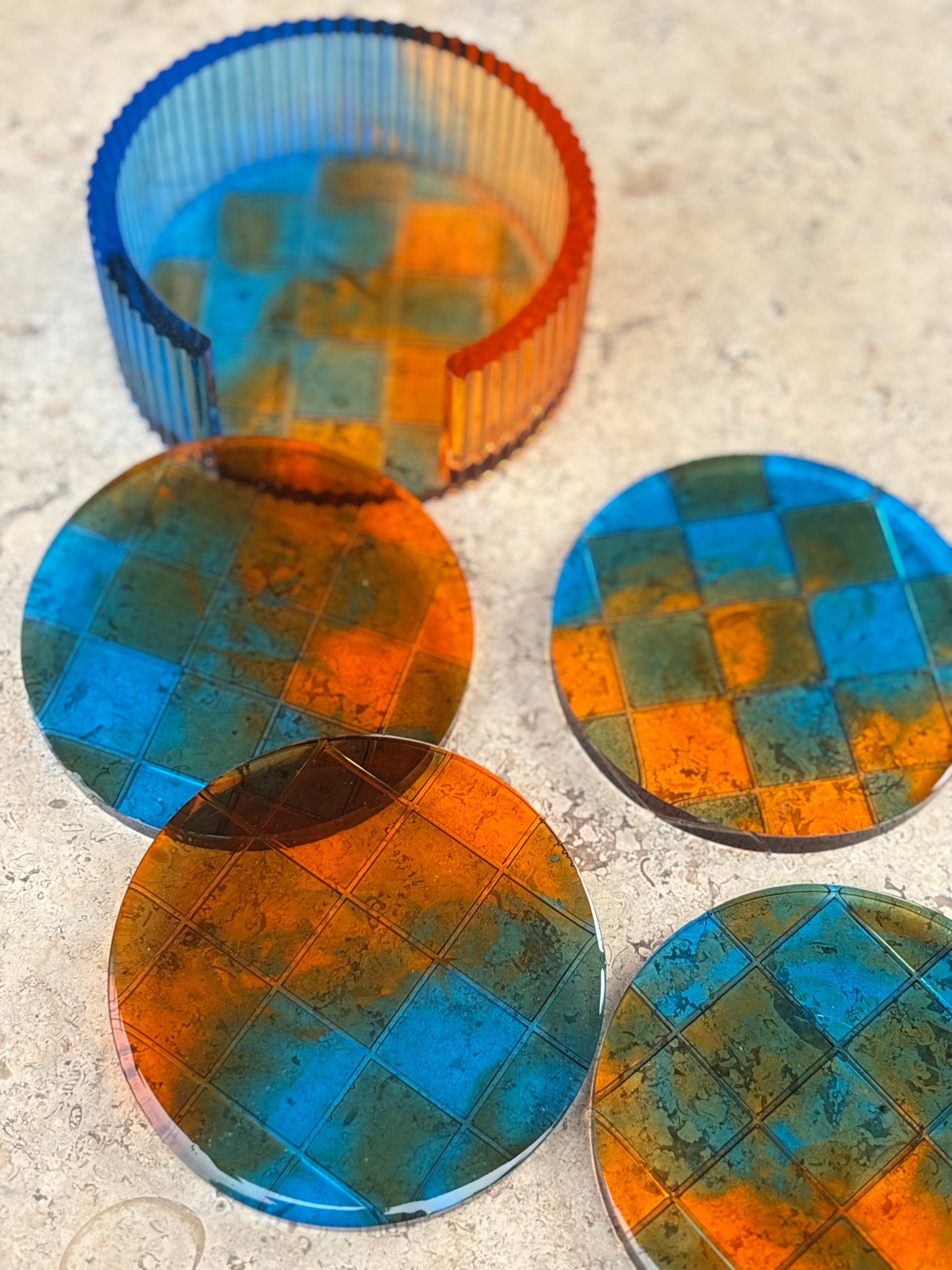 Checkered Coaster Set (4 coasters + holder)