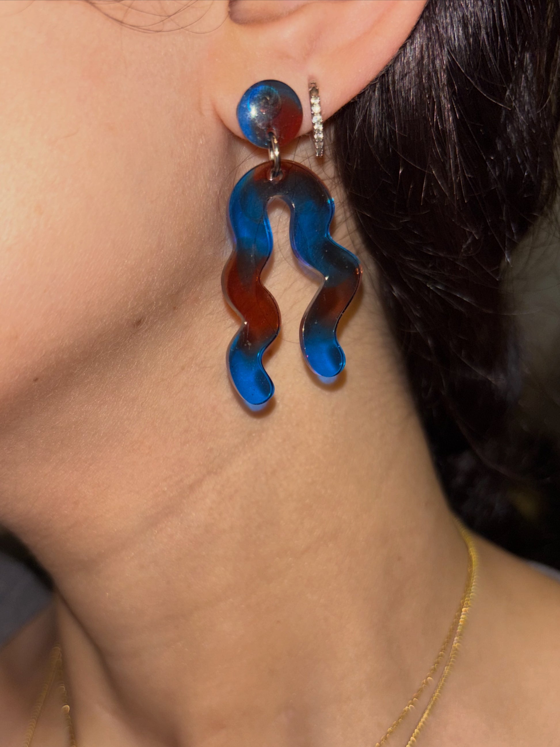 Blue & Brown Wavy Stud - Earrings