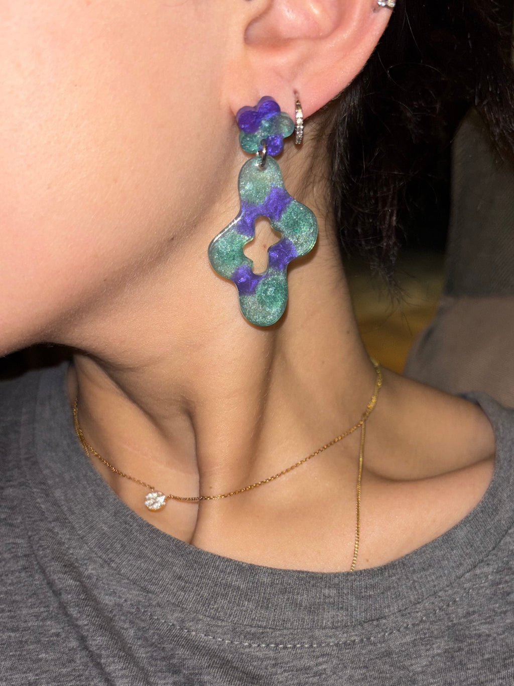 Teal & Purple Floral Stud - Earrings