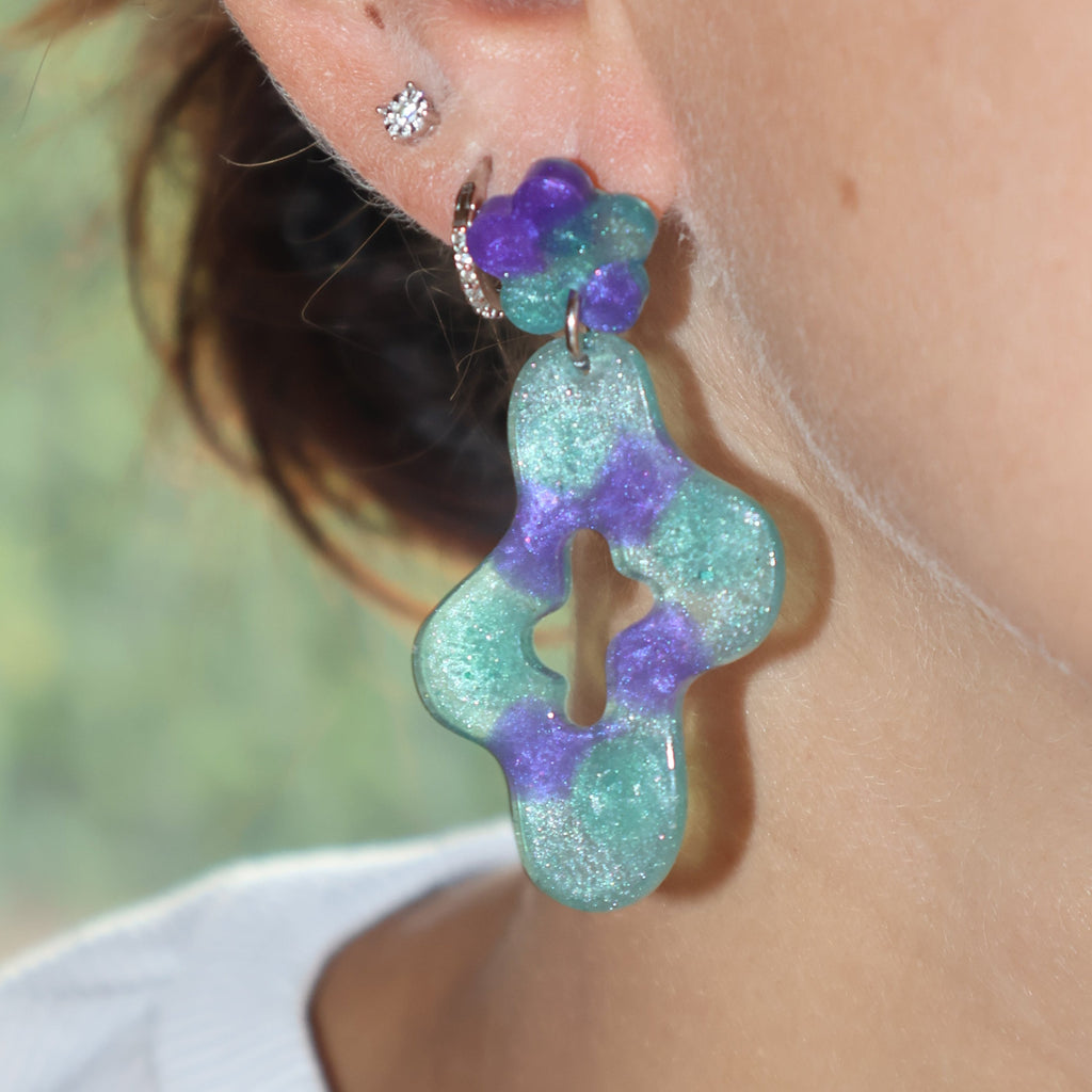 Teal & Purple Floral Stud - Earrings