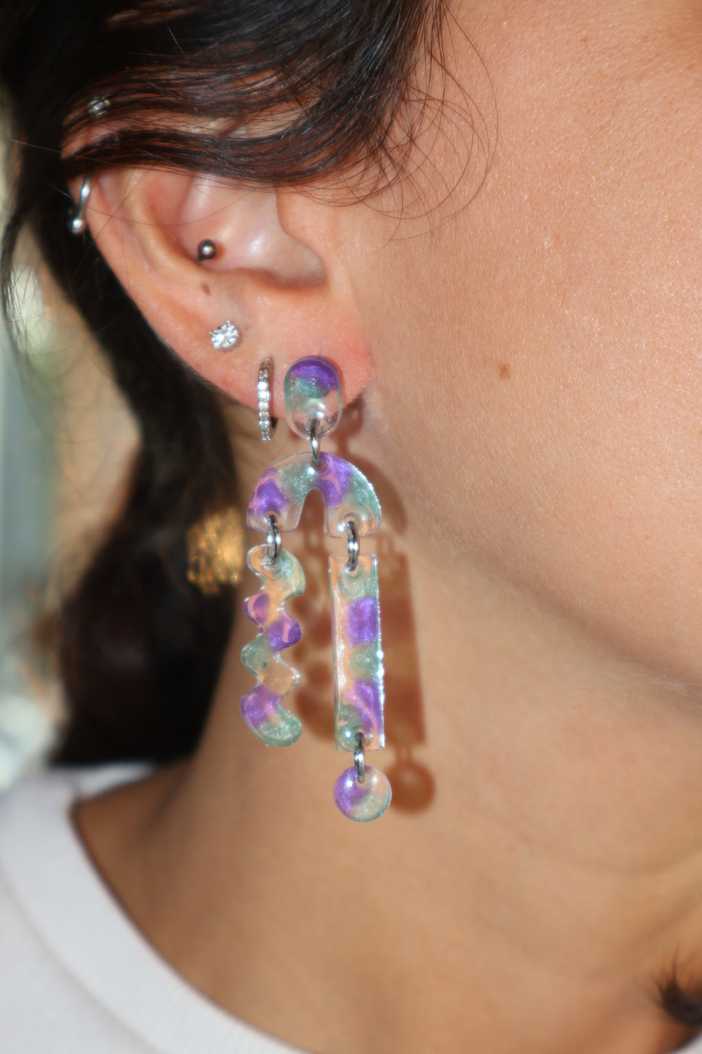 Teal & Purple Asymmetrical Stack - Earrings