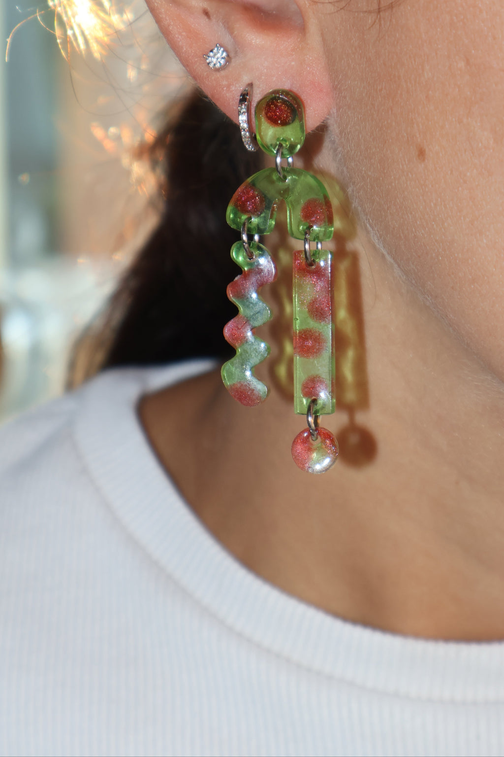 Kiwi & Red Asymmetrical Stack - Earrings