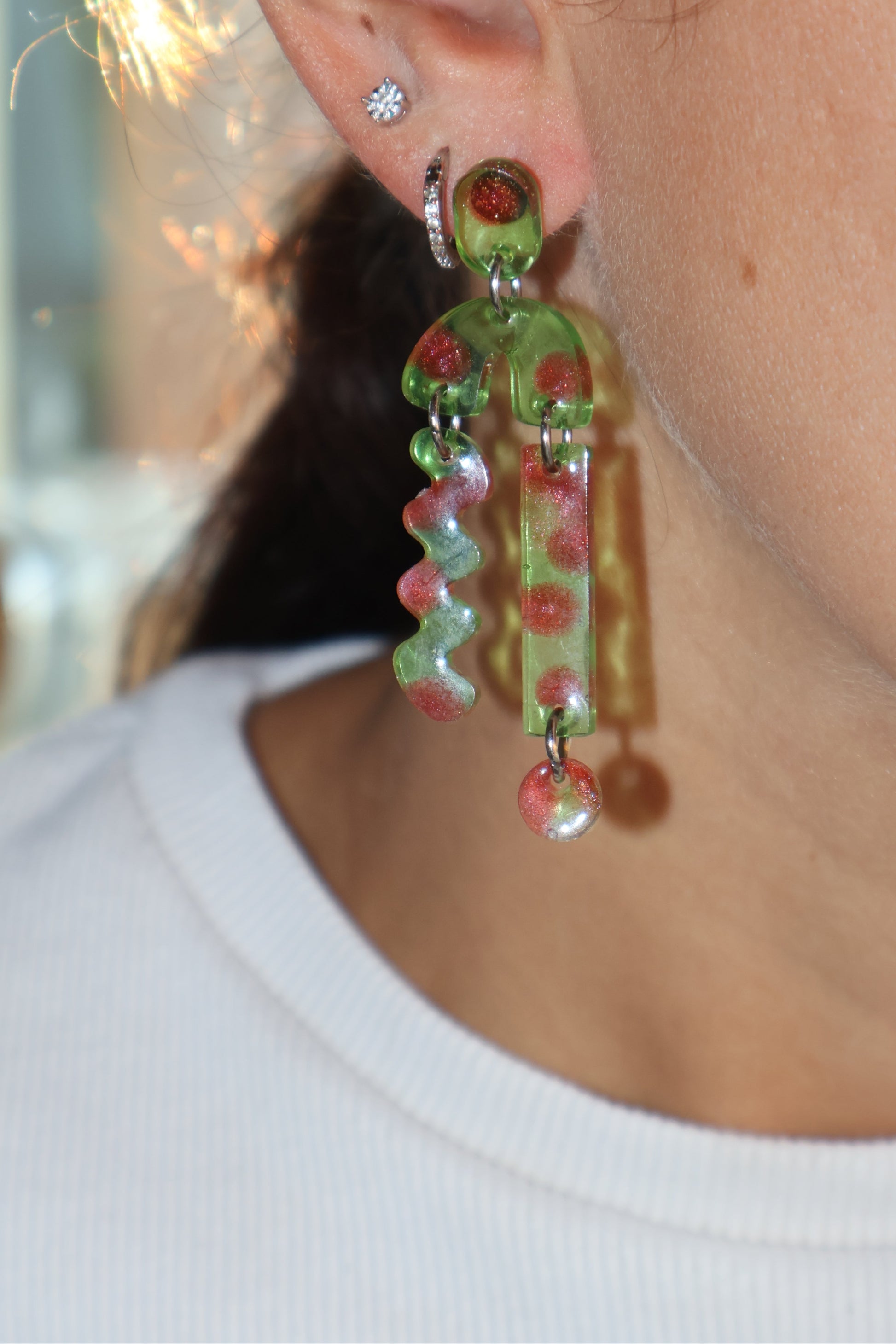 Kiwi & Red Asymmetrical Stack - Earrings