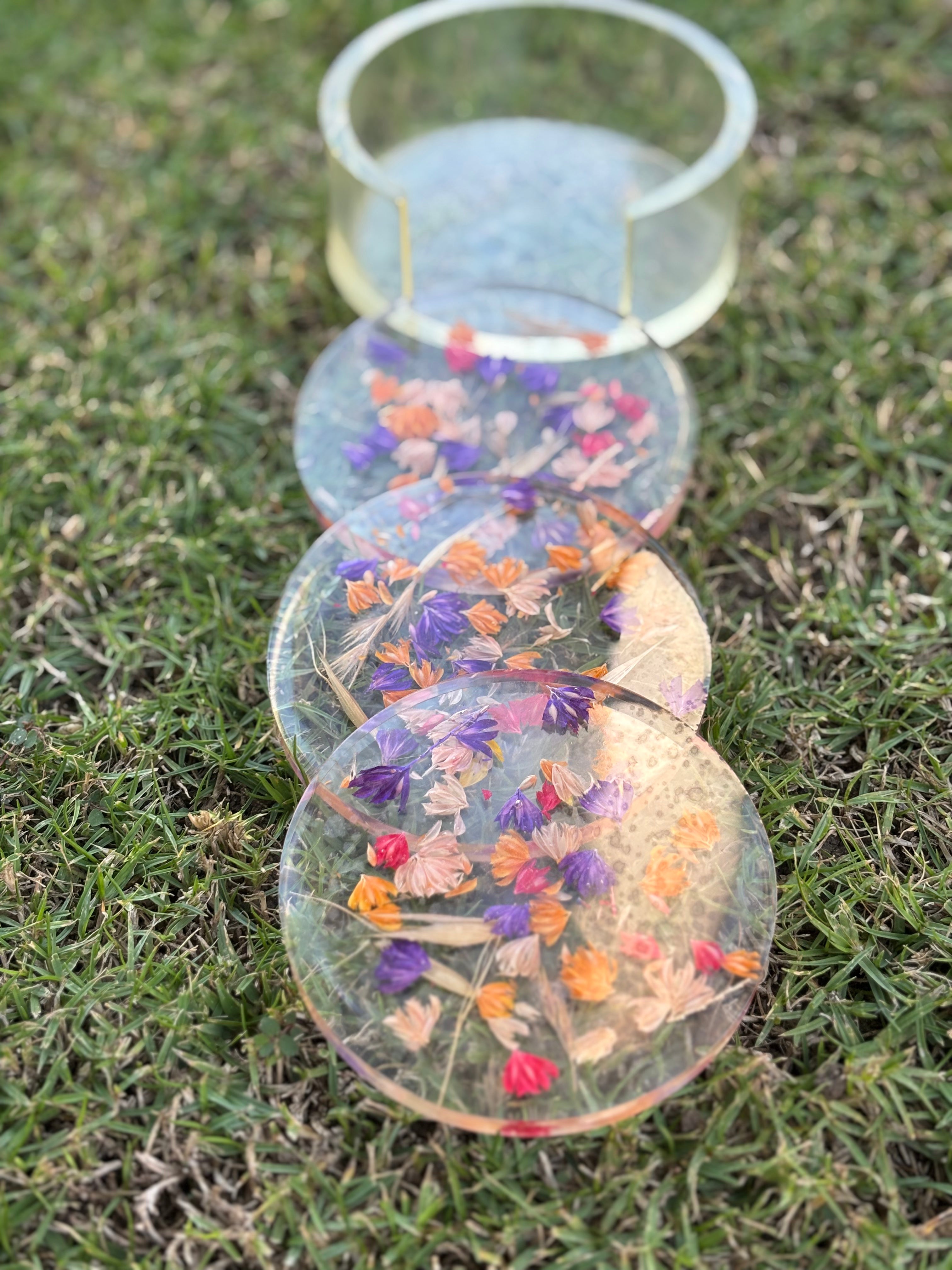 Dried Flowers Coaster Set (3 Coasters + Holder)