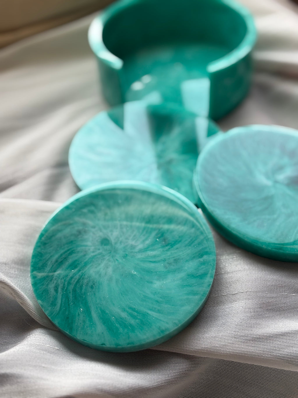 Green & Light Pink Marble Coaster Set (3 Coasters + Holder)