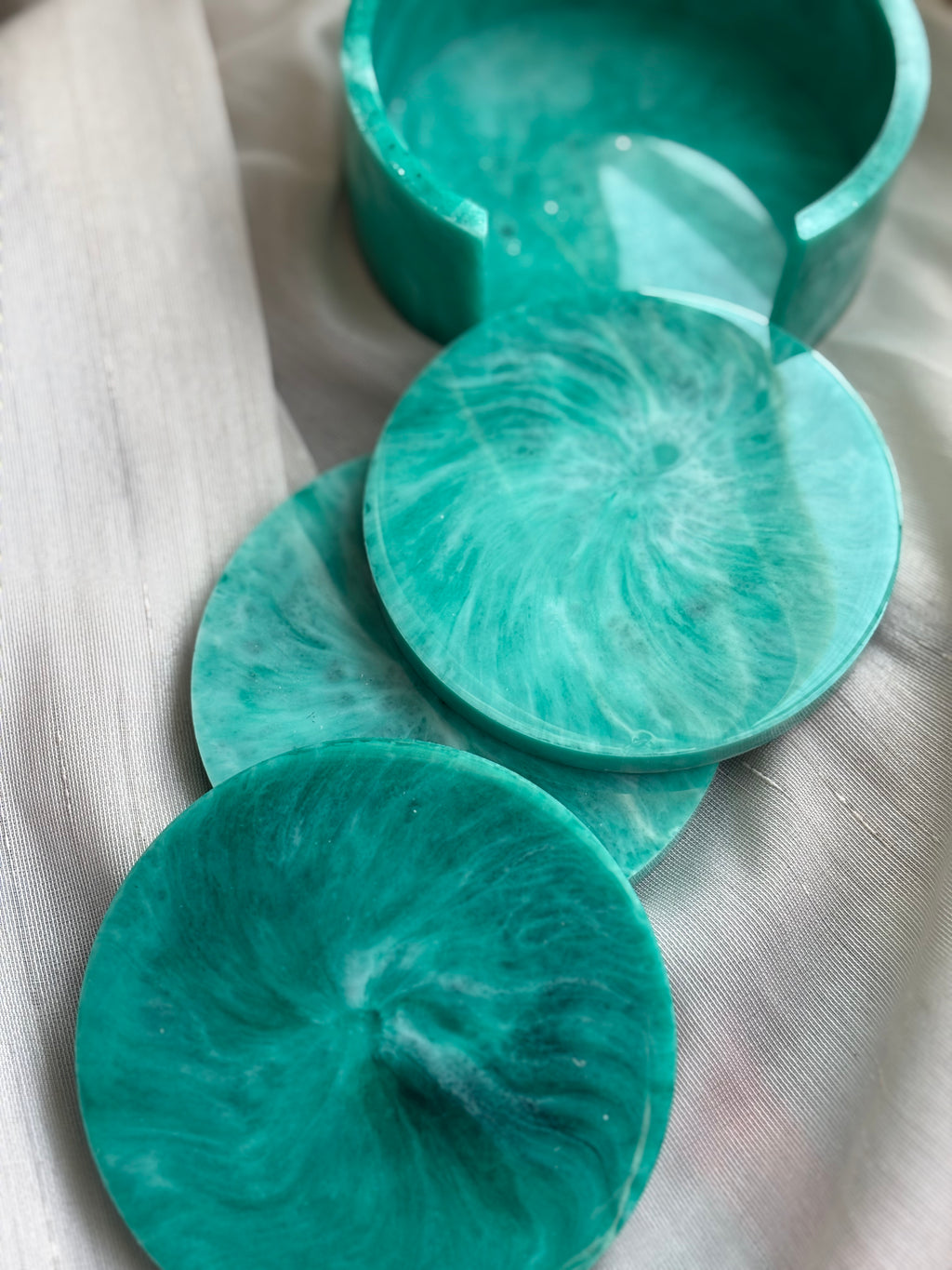 Green & Light Pink Marble Coaster Set (3 Coasters + Holder)