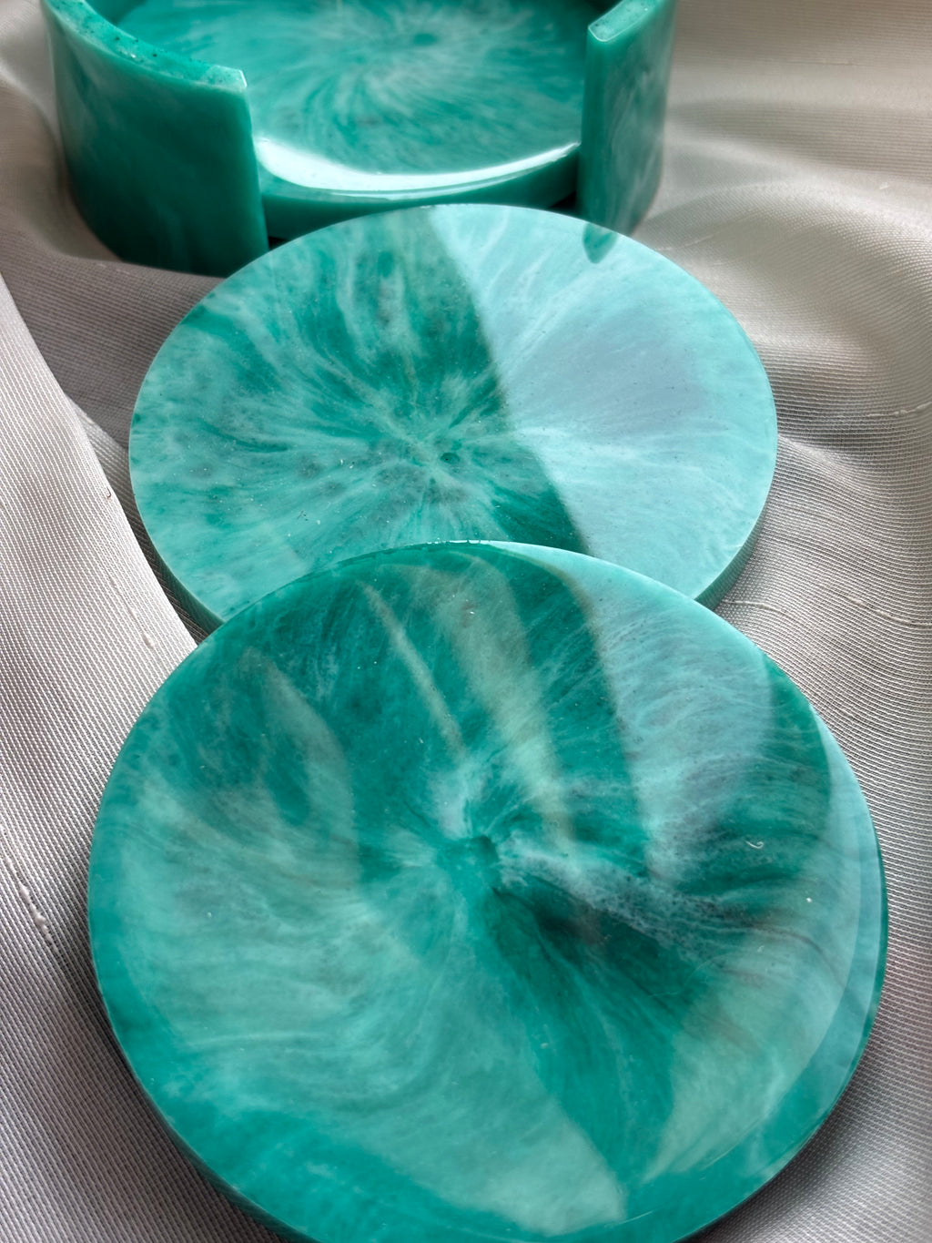 Green & Light Pink Marble Coaster Set (3 Coasters + Holder)
