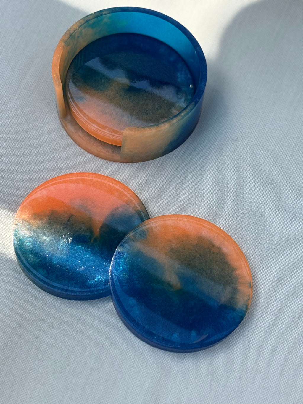 Orange & Blue Coaster Set (3 Coasters + Holder)