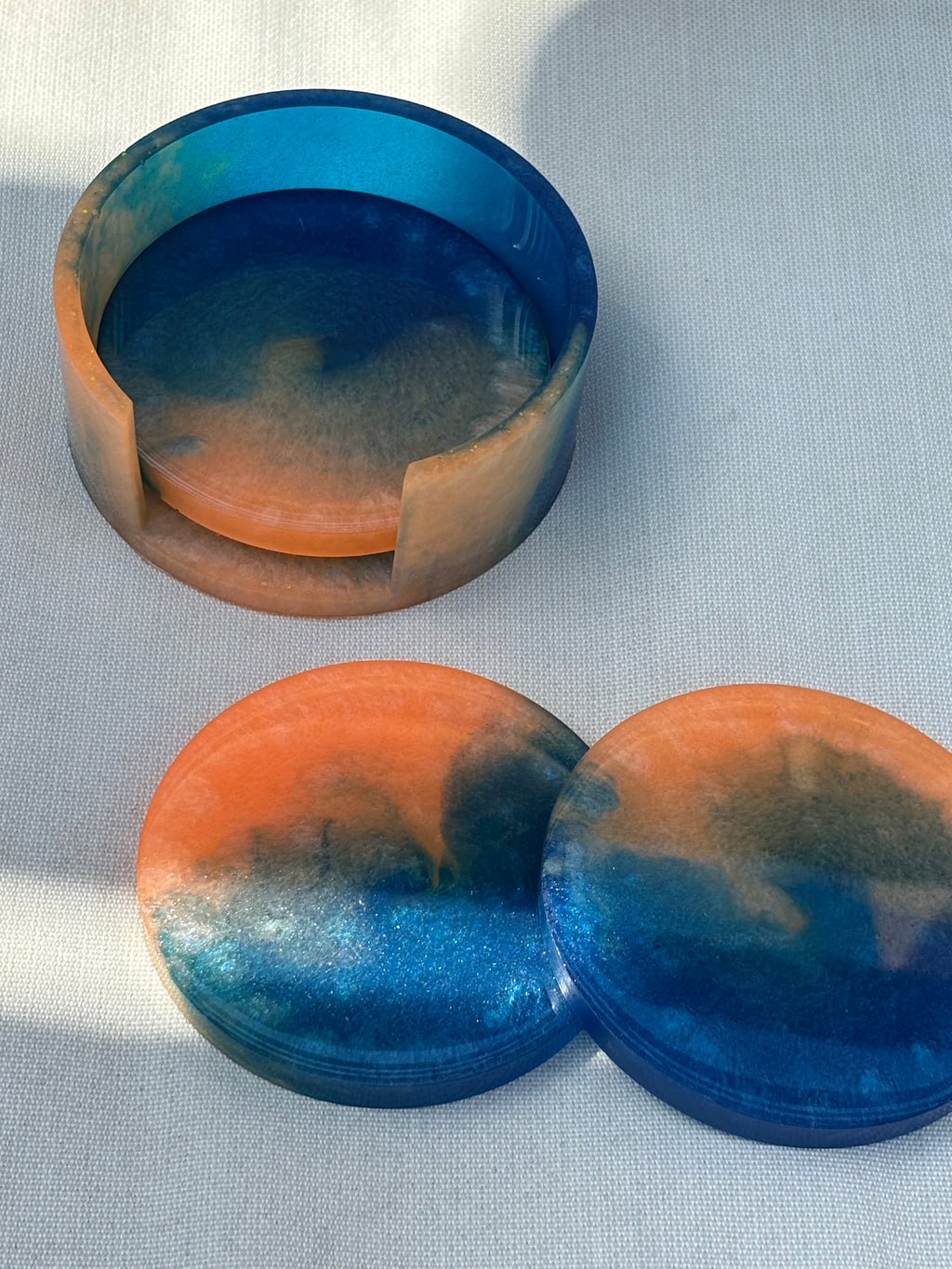 Orange & Blue Coaster Set (3 Coasters + Holder)