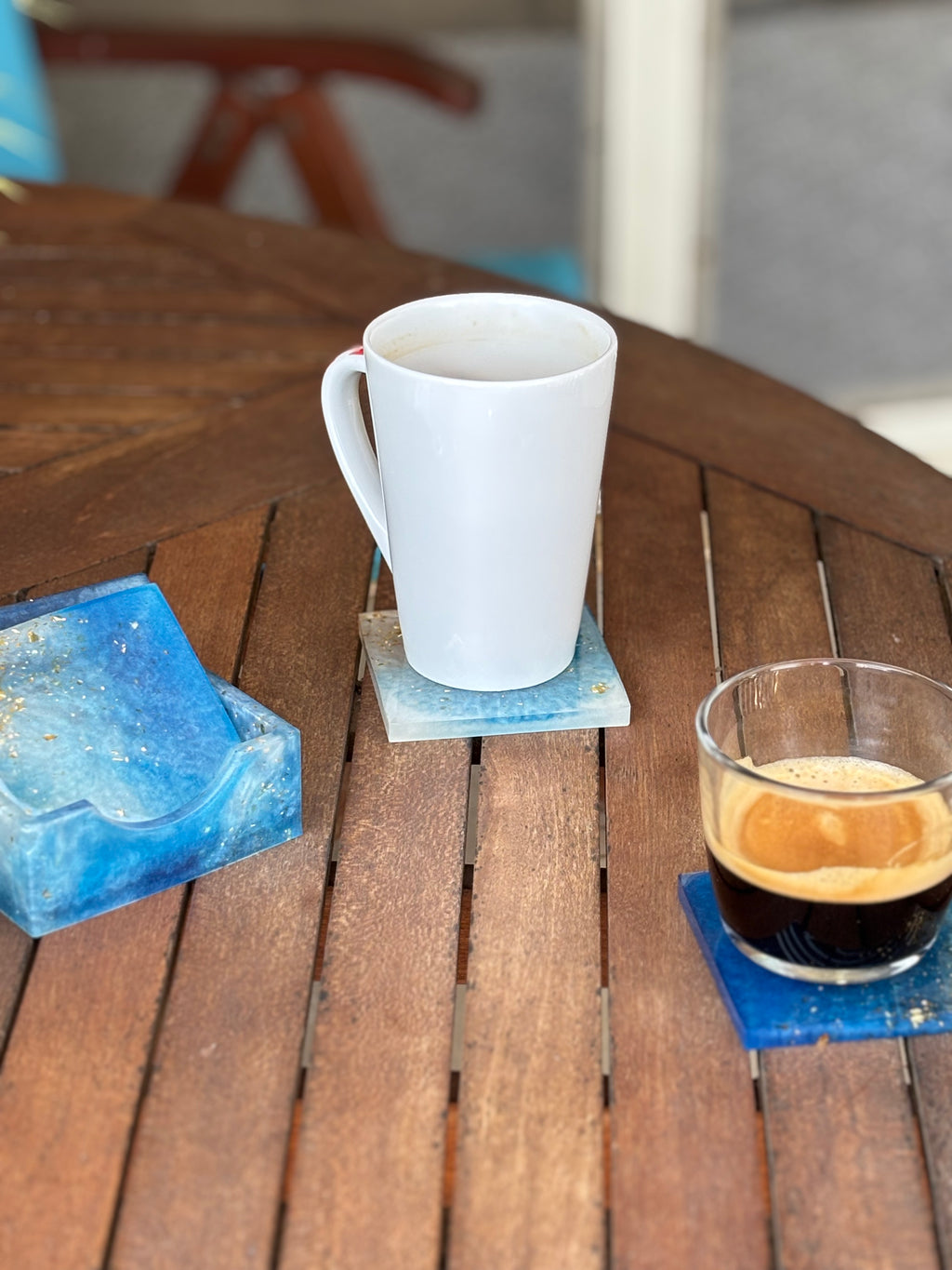 Blue & White Square Coaster Set (4 Coasters + Holder)