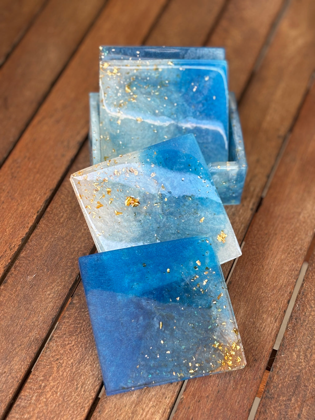 Blue & White Square Coaster Set (4 Coasters + Holder)