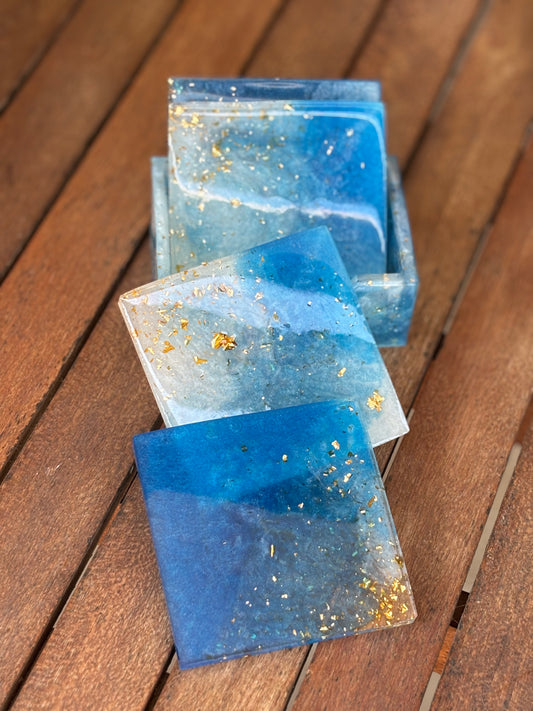 Blue & White Square Coaster Set